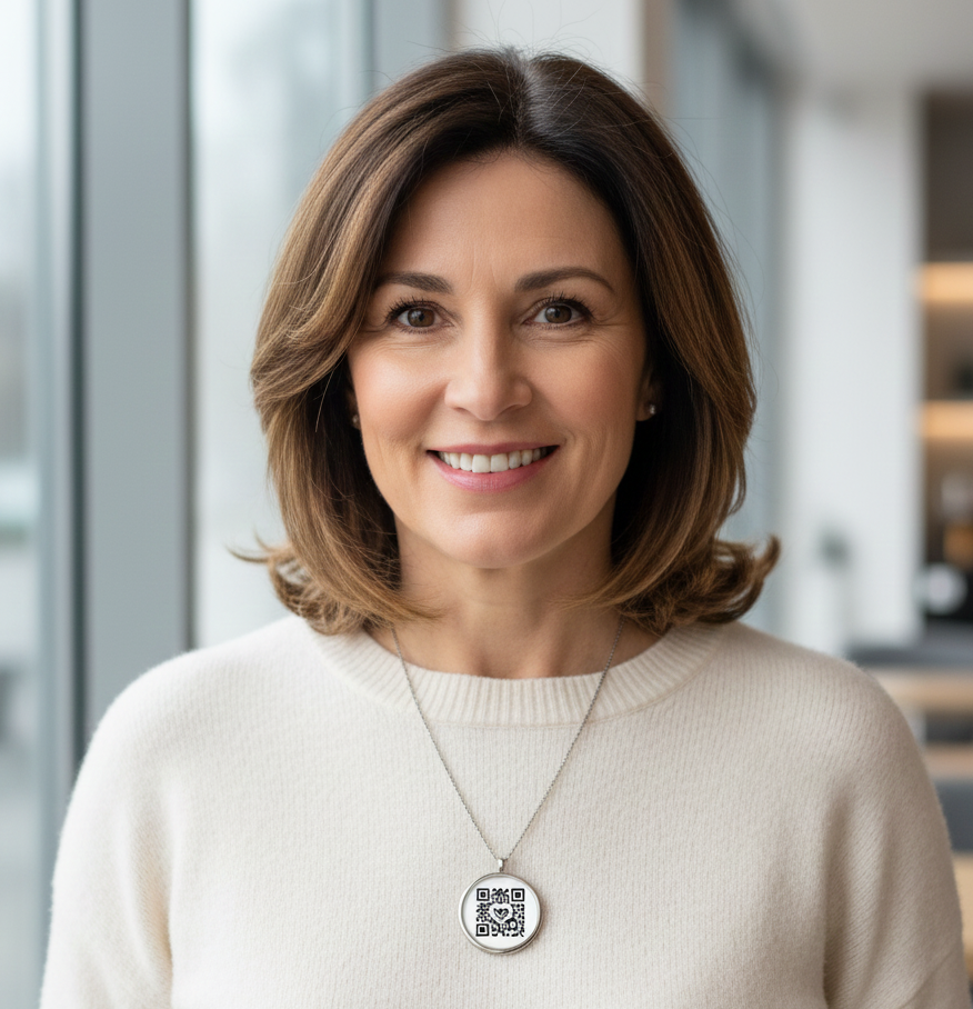 Adult wearing a QR emergency necklace